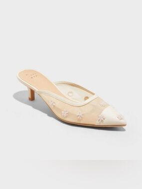 Elegant Beige Mesh Kitten Heel with Floral Embellishment